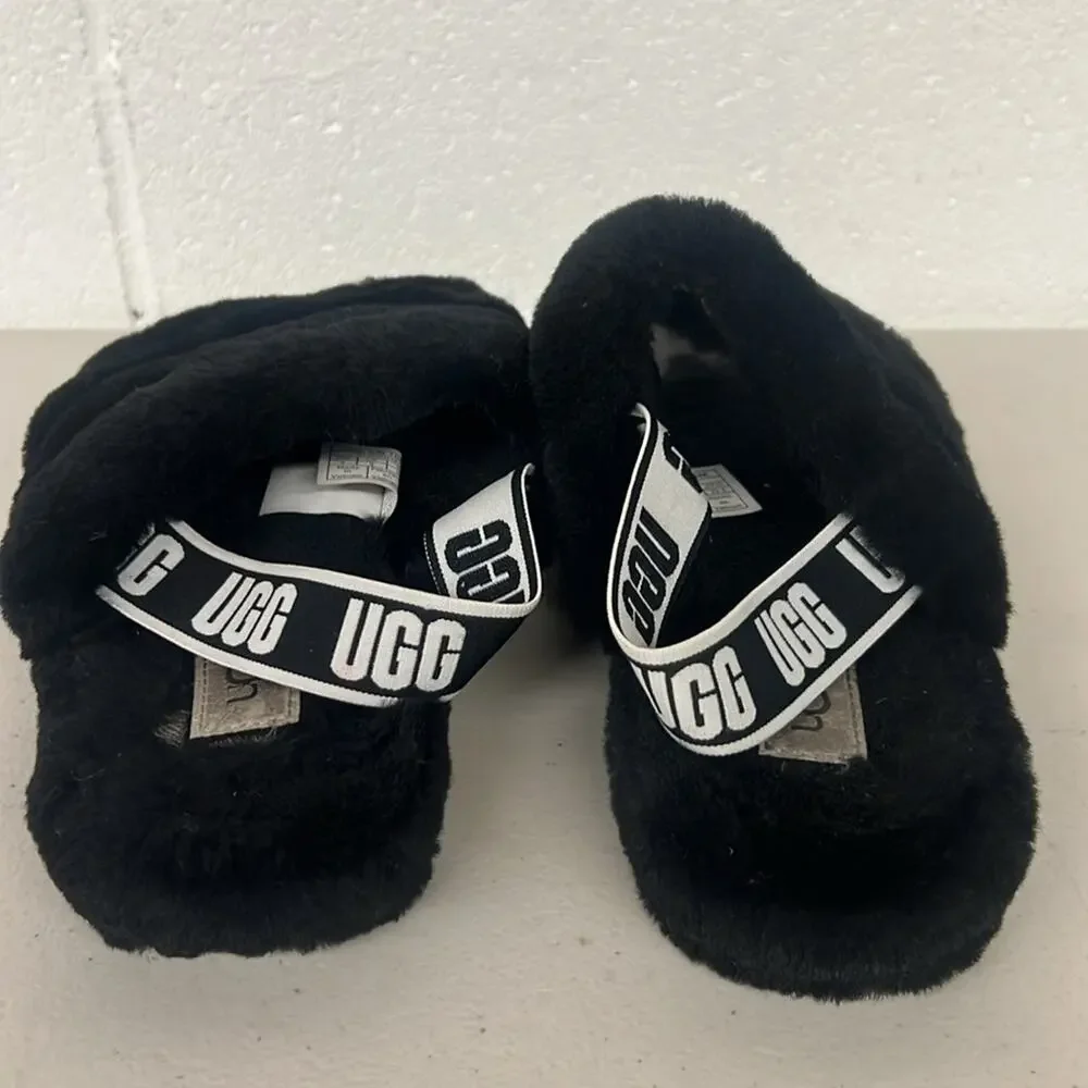 Ugg sz4 black fluff yeah pull on slippers sandal